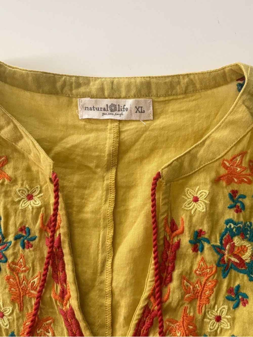 NATURAL LIFE Yellow Embroidered Tassel V-Neck Tunic Size XL - Picture 3 of 6
